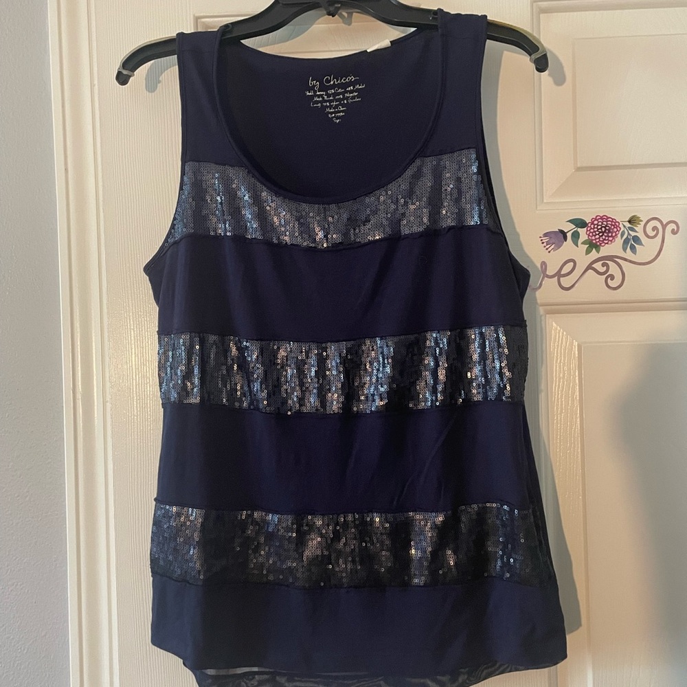 By Chico’s Women Short Sleeved Navy Blouse with Shiny Embellishments Size 1